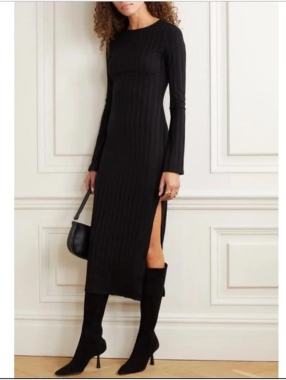 Reformation Black Dillon Long Sleeve Stretch Ribbed Midi Dress Size S - Picture 1 of 5
